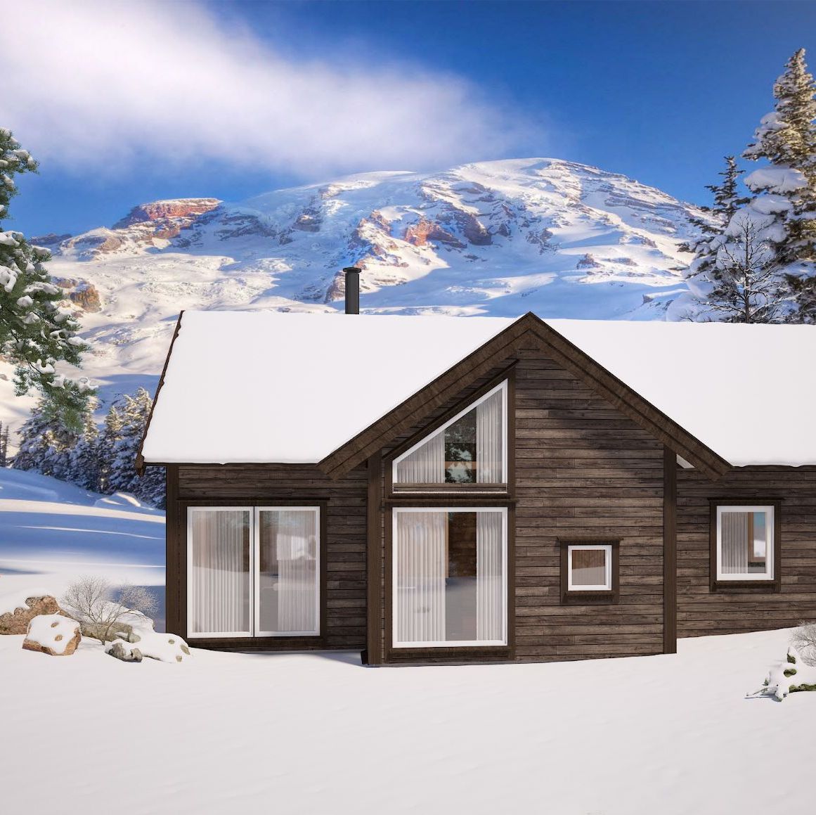 Mørk laftet fjellhytte med store vinduer og snødekt tak, omgitt av vinterlandskap og fjell.