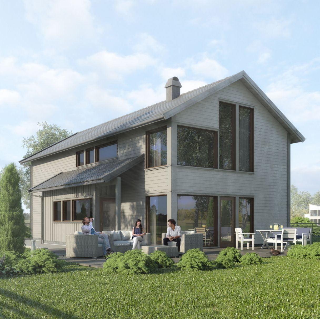 Toetasjes bolig med store vinduer, grå panel og terrasse med sittegruppe i frodig hage.